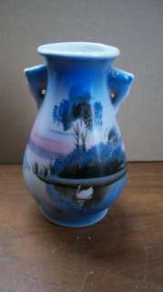 Vintage Hand Painted Swan Lake Vase Japan Blue Black  
