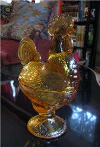 AMBER GLASS COVERED ROOSTER DISH Candy Pedestal Compote Chicken  