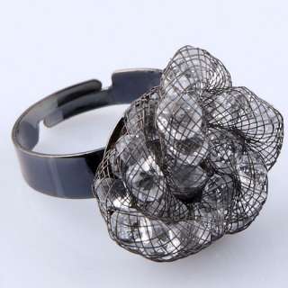 black alloy finger ring twisted mesh w/ crystal chip bead adjustable 