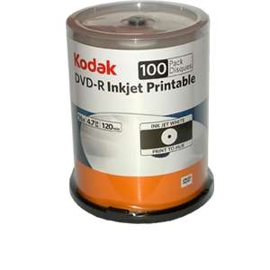 Kodak 52500 DVD R Printable Spindle   100 Pack, 16X, 4.7GB, White 