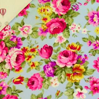PINK ROSES FLOWER IN BLUE VINTAGE RETRO PRINT 100% COTTON QUILT FABRIC 