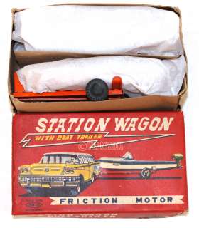1958 HAJI FRICTION BUICK STATION WAGON WITH BOAT AND TRAILER MADE IN 