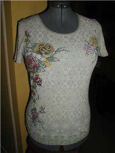 Ladies sz M Top Shirt SKINNY MINNIE Roses Rhinestones GROOVY  