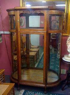 ANTIQUE OAK CHINA CABINET OR CURIO CURVED GLASS SIDES PAW FEET  