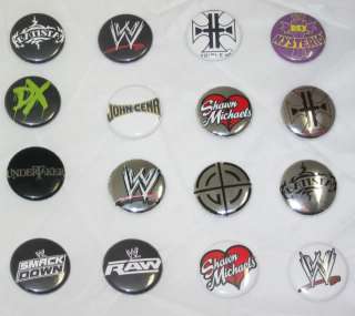 Lot of 16 button pins with WWE Box   John Cena DX Rey  