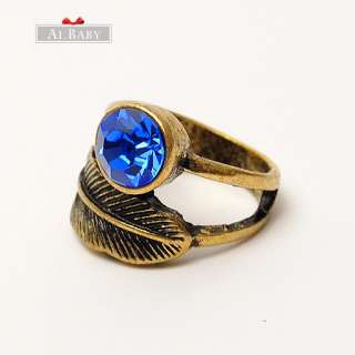 Minimal Fashion Design Vintage Bronze Leaf Bule Zircon Ring Size 6 