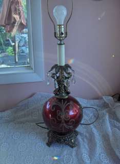 Vintage Metal Table Lamp Cherubs Grapevine Round Candy Apple Red Glass 