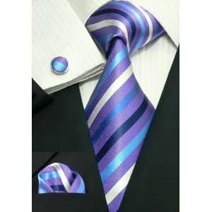   36H Purple Blue white Stripes Mens Silk Tie Set Tie+Hanky+Cufflinks