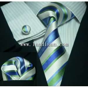   Blue White Stripes Mens Silk Tie Set Tie+Hanky+Cufflinks Exclusive