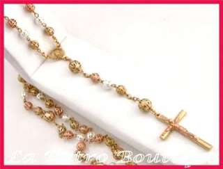 Filigree Rosary Necklace Cross 14K Tri Gold Plated  