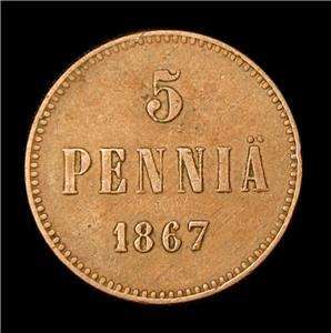 1867 FINLAND 5 PENNIA COIN DOTTED BORDER 140 YEARS OLD  