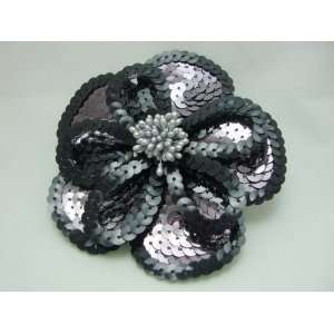    Black Sequin Flower Hair Clip and Pin Back Brooch 