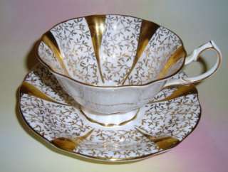 Pretty Gold Motif Queen Anne Tea Cup and Saucer Set  