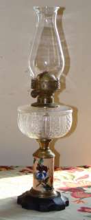 Antique Victorian Handpainted Flowers Kerosene Oil Lamp circa 19th 