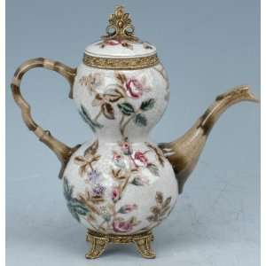  Hand painted Porcelain Teapot with Lid Adorned with Brass 