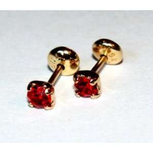 BABYS OR TODDLERS 18K SKILLUS GOLD 4MM RED CZ STUD EARRINGS WITH 