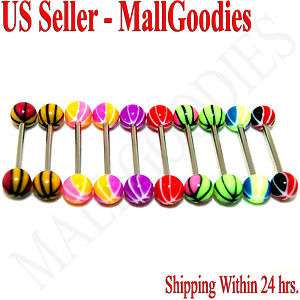 W020 Acrylic Tongue Rings Barbell Stripes Design LOT 10  