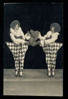   MAN IN CLOWN HARLEQUIN COSTUMES & TEDDY BEAR TOY Vintage 30s  
