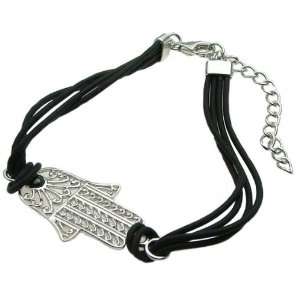 Filigree Hamsa Hand Black Cord Sterling Silver Bracelet Jewelry