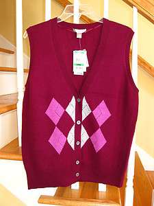   Club Sweater Vest 100% 2 Ply Cashmere Button Front Argyle Blk Cherry