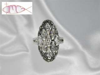 Large Sterling Silver Clear Cz & Marcasite Cluster Ring  