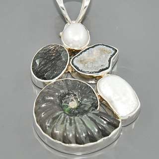 Peruvian Ammonite Coconut Geode Tourmalinated 925Sterling Silver 