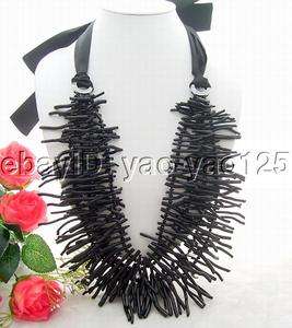 Stunning 4Strds Black Coral Branch&Crystal Necklace  