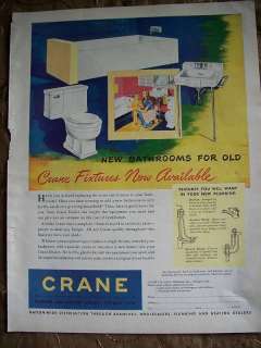 1947 Crane Plumbing Retro Bath Tub Toilet Sink Ad  
