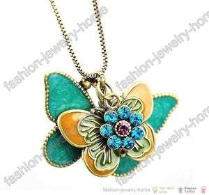 Fashion Retro bronze Crystal Flying Butterfly Necklace pendant  