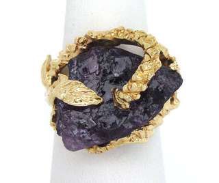 STUNNING 14K GOLD & ROUGH CUT AMETHYST FREE FORM RING  