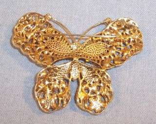 LARGE PINK RHINESTONE BUTTERFLY PIN~Gold Tone Metal~Unbranded~VERY 