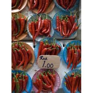  Colourful Red Chillies on Blue Plates on a Market Stall in 