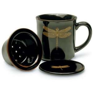 Black Ceramic Dragonfly Tea Mug with Filter and Handle  