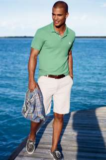   shorts with a brilliant red striped polo for bold style shop this look