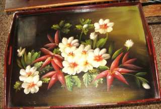   Wood Painted Flowers Toleware Large Serving Tray Folding Table  