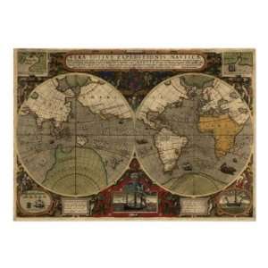  Antique World Map, 1595 (Jodocus Hondius) Poster