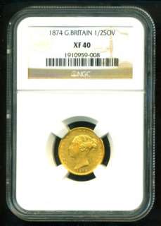 1874 VICTORI GOLD COIN HALF 1/2 SOVEREIGN DIE # 342 NGC  