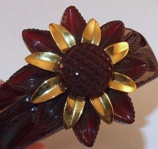 VTG DEEPLY CARVED BLACK CHERRY SUNFLOWER BAKELITE HINGED CLAMPER 