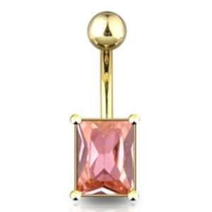  Gold Plated Belly Button Navel Ring with Pink 5x7mm Cz 