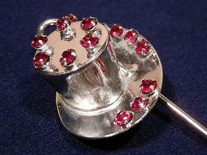   LARGE STERLING SILVER TOP HAT AND CANE BROOCH W RED RHINESTONES LARGE