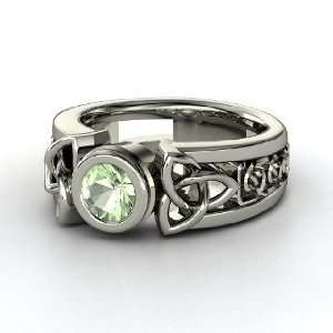    Celtic Sun Ring, Round Green Amethyst 14K White Gold Ring Jewelry