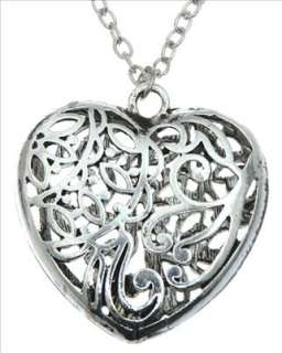 Silver Heart Flower Leaf Filigree Pendant Necklace  