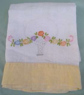   Yellow and White Basket Embroidered Linen Hand Dish Towel  