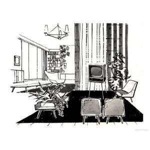  1950s Interior Illustrated in Black and White Premium 