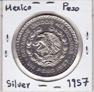 Mexico $ 1 Peso Centenario 1857 1957 Silver Coin.  