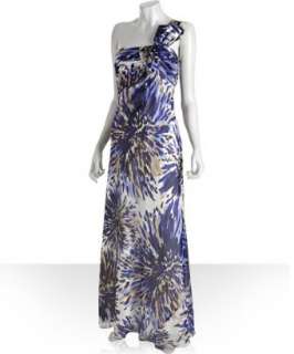 style #313744401 purple printed silk chiffon one shoulder long dress