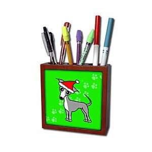   Italian Greyhound Green with Santa Hat   Tile Pen Holders 5 inch tile