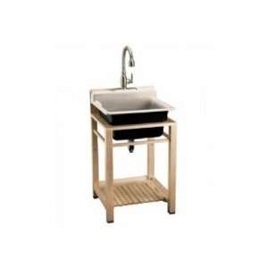 Wood Stand Utility Sink w/ 3 Hole Faucet Drilling On Top Of Backsplash 
