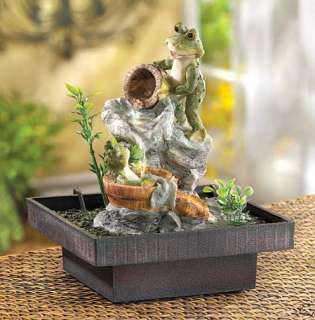 Square table yard playful frog water fountain fountains  