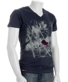 Project E indigo distressed Tropics Plane v neck t shirt   